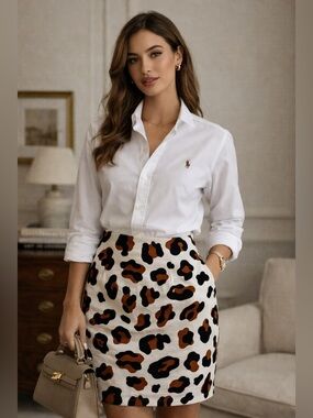 Talbots Women’s Leopard Print Skirt Sz 8 Animal Print Mini Pencil Texture Cotton